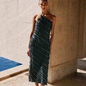 Zara Elegant Fringe One-Shoulder Green Dress